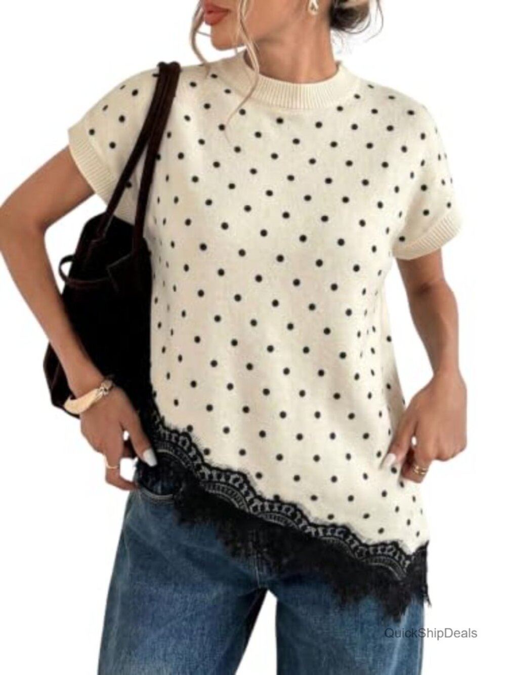 Polka Dots Lace Trim Short Sleeve Sweater Vest Fall Outfits
